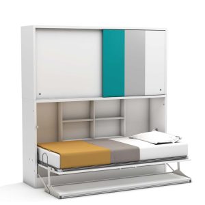 Eenpersoons opklapbed Academy met Bureau & kastruimte - Turquoise - Koudschuim matras HR60 - tot 120 KG